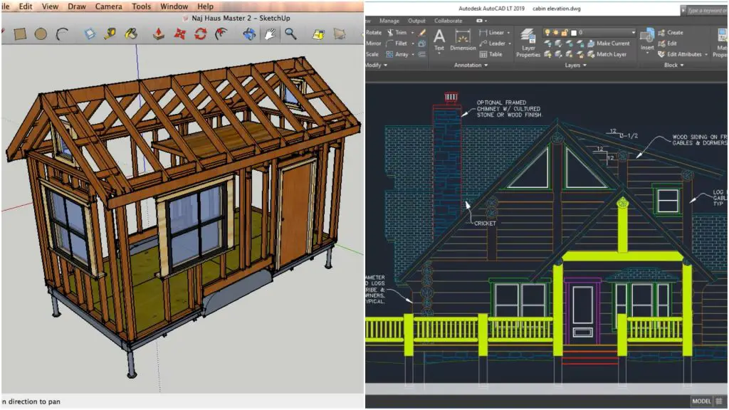 AutoCAD and SketchUp interfaces side by side.